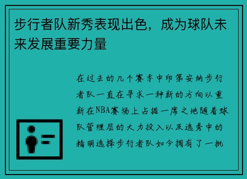 步行者队新秀表现出色，成为球队未来发展重要力量