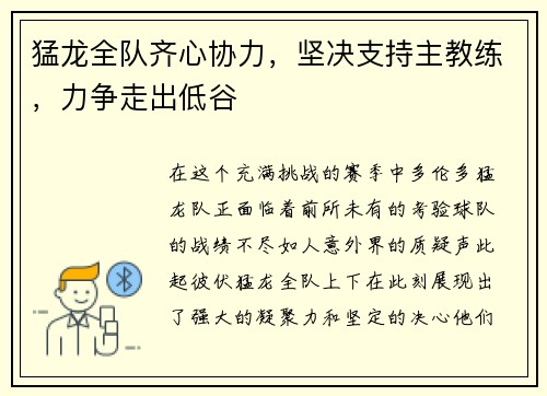 猛龙全队齐心协力，坚决支持主教练，力争走出低谷